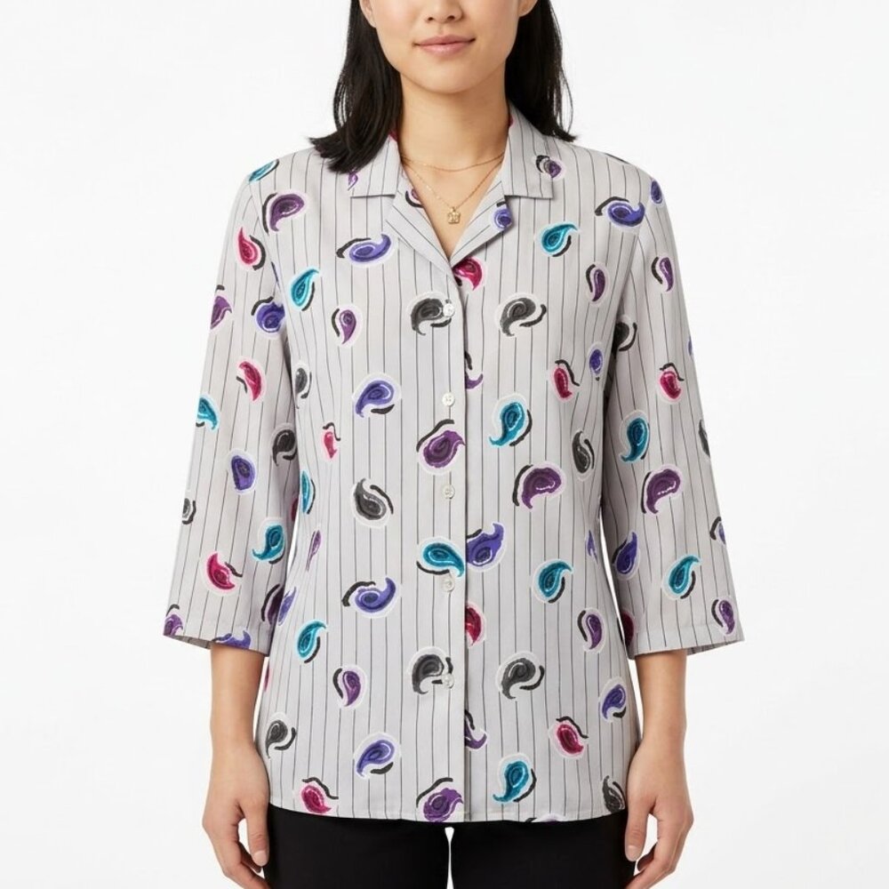 Vintage 80s Abstract Paisley Stripe Button Up Shirt / Funky Retro Blouse Large